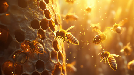 Honeybees transferring pollen between comb cells under the soft glow of sunlight.の素材