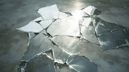 Cracked fragments of glass from a mirror lying on a concrete floor, with faint reflections of light.の素材