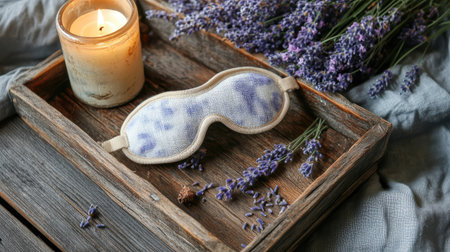 Aromatherapy-infused eye mask on a rustic wooden tray with a candle and lavender sprigsの素材