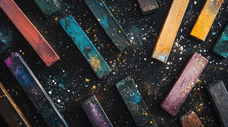 Chalk pastels in various hues lying on a black surface, with dust smudges forming patterns.の素材