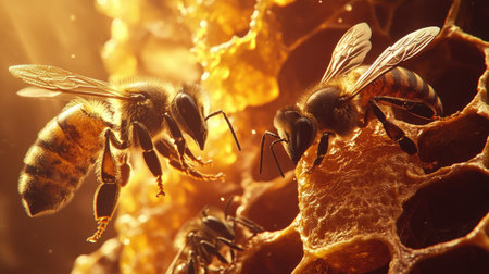 Close-up of bees communicating through antennae on a honeycomb structure.の素材