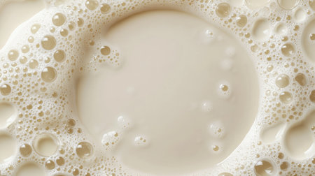 A circular arrangement of foam bubbles, creating an artistic frame on a neutral backgroundの素材