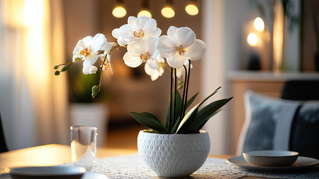 Artificial orchids in an elegant white flower pot on a dining table, with a cozy backgroundの素材