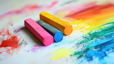 Chalk pastels creating a multicolored gradient against a white background, with smudges around them.の素材