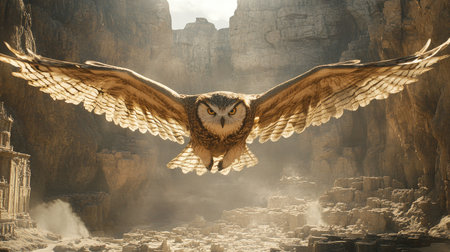 A dramatic shot of a large owl flying through a canyon, with its powerful wings spanning the rocky expanse.の素材