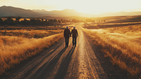 A cheerful elderly couple taking a sunset stroll on a rural dirt road, one using a walking stickの素材