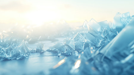 The fractured surface of a glacier, with ice shards glowing under soft morning light.の素材