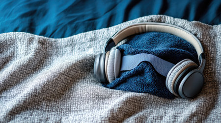 An eye mask paired with noise-canceling headphones, lying on a soft blanket for a travel-ready vibeの素材
