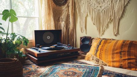 A bohemian-style room with a vintage turntable and macram wall hangingsの素材