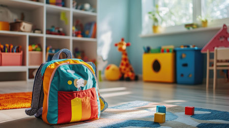 A child's colorful square backpack lying on the floor near a toy box in a playful living roomの素材