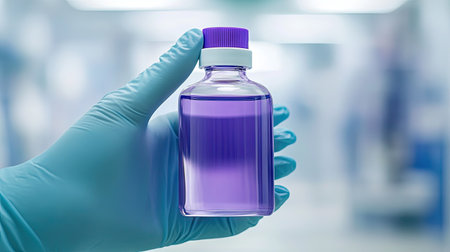 A close-up of a bottle of purple mouthwash held in a gloved hand, against a clean clinical background.の素材