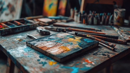 Colorful chalk pastels scattered across a wooden table, surrounded by art sketches.の素材