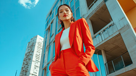 A confident woman in a bold red blazer and matching trousers, posing against a modern urban backdrop.の素材