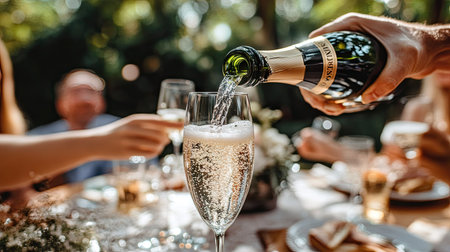 A celebratory toast with champagne pouring from the bottle as it's freshly opened.の素材
