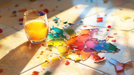 A colorful juice spill surrounding broken glass on a kitchen floor, creating a messy, vibrant scene.の素材