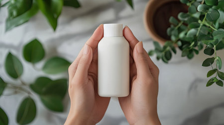 A close-up of hands holding a minimalist-designed mouthwash bottle, featuring eco-conscious branding.の素材