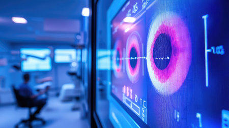 A colorful eye chart on a digital screen, with a patient seated at a distance for testing.の素材