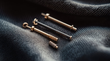A close-up of minimalist barbell piercing jewelry, with matte and polished finishes, on a neutral-toned cloth.の素材