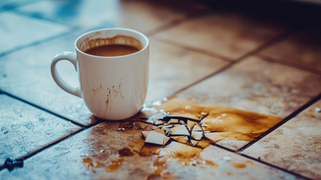 A coffee mug shattered on the floor, with coffee pooling around the broken ceramic pieces.の素材