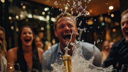 A champagne cork hitting the ceiling with a splash of bubbles as people laugh in the background.の素材