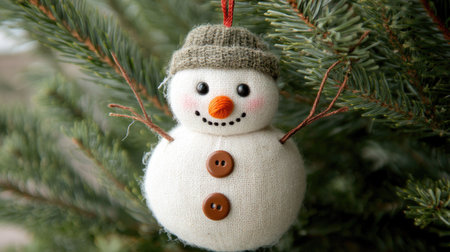 A close-up of a handmade snowman Christmas ornament with a carrot nose and button eyes, hanging from a fir tree.の素材