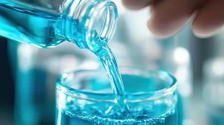 A close-up of a hand pouring a vibrant blue mouthwash from the bottle into a measuring cap.の素材