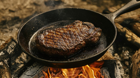 A close-up of a perfectly seared beef steak on a cast-iron skillet placed over a rustic campfire.の素材