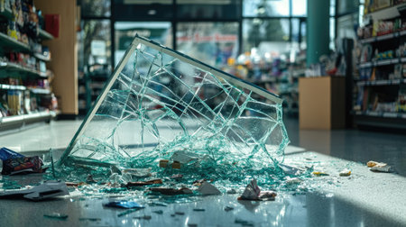 A chaotic scene of broken glass from a store display on the floor, with scattered merchandise visible.の素材