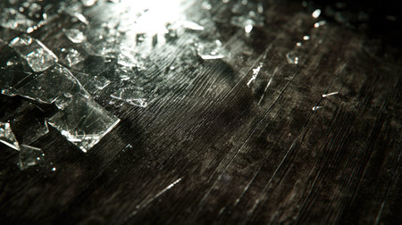 A close-up of clear glass shards on a dark laminate floor, with jagged edges catching the light.の素材
