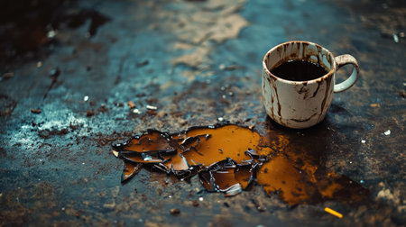 A coffee mug shattered on the floor, with coffee pooling around the broken ceramic pieces.の素材