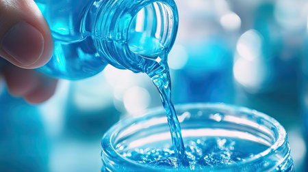 A close-up of a hand pouring a vibrant blue mouthwash from the bottle into a measuring cap.の素材