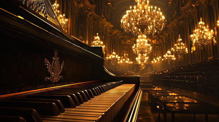 A close-up of piano keys with the dramatic backdrop of a grand concert hall lit by chandeliers.の素材
