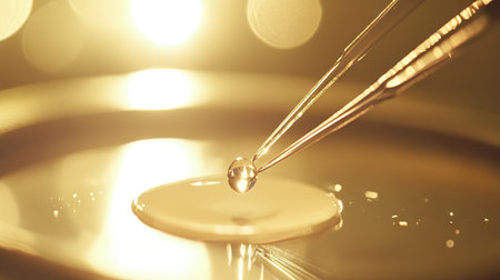 A creamy drop on a microscope slide, being carefully observed with tweezers in a brightly lit lab.の素材