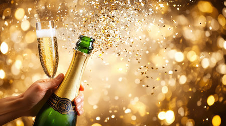 A celebratory moment as hands pop a champagne bottle under sparkling confetti and golden light.の素材