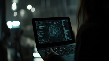 A close-up of a laptop displaying a hacking interface, held by a mysterious figure in shadow.の素材