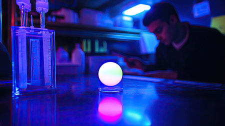 A creamy dot on glass illuminated by a UV light, with a scientist recording observations in the background.の素材