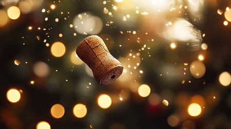 A champagne cork mid-flight in front of a blurred holiday background with twinkling lights.の素材