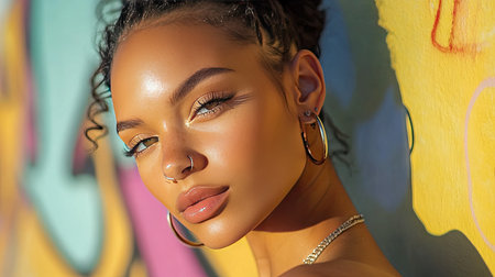 A confident woman with a hoop nose piercing and bold eyebrows, posing against a colorful mural.の素材