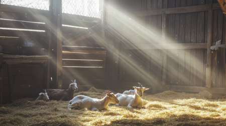 A cozy barn interior with goats lying on fresh hay, sunlight streaming through the wooden slats.の素材