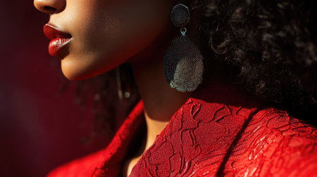 A close-up of a red textured fabric on a woman's outfit, paired with metallic statement earrings.の素材