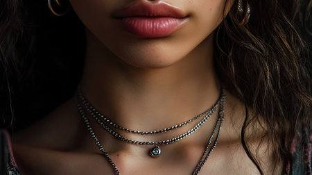 A close-up of a woman's nose piercing with her layered necklaces and subtle makeup adding a touch of elegance.の素材