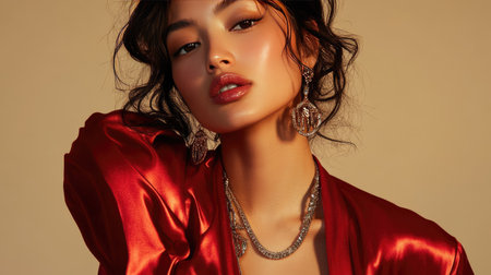 A close-up of a woman in a red satin blouse, paired with statement jewelry, against a soft studio backdrop.の素材