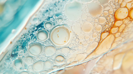 A close-up of a creamy spot on a transparent laboratory glass slide, illuminated under a microscope in a sterile lab setting.の素材