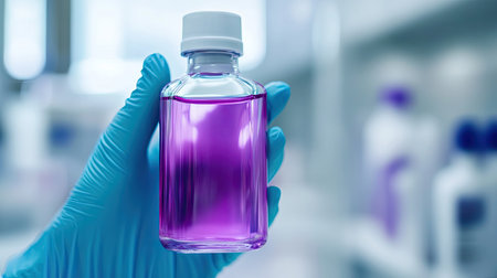A close-up of a bottle of purple mouthwash held in a gloved hand, against a clean clinical background.の素材