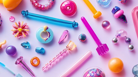 A collection of colorful acrylic piercing jewelry, including tongue and belly bars, displayed in a playful arrangement.の素材