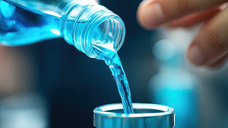 A close-up of a hand pouring a vibrant blue mouthwash from the bottle into a measuring cap.の素材