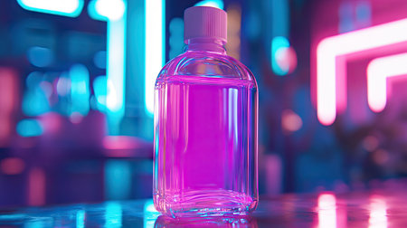 A creative close-up of a bottle of mouthwash held under vibrant neon lighting, giving it a modern feel.の素材