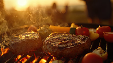 A close-up of beef steak and vegetables grilling over glowing coals, with a faint sunset in the distance.の素材
