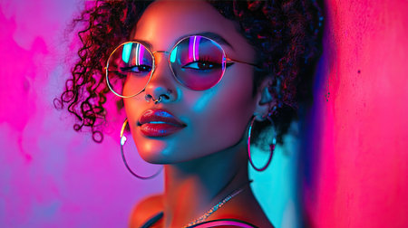 A confident woman with a nose piercing, sporting edgy streetwear and posing under vibrant neon lights.の素材