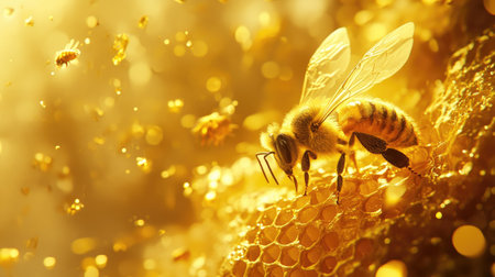 A close-up of a worker bee pollinating a honeycomb, surrounded by golden hues.の素材
